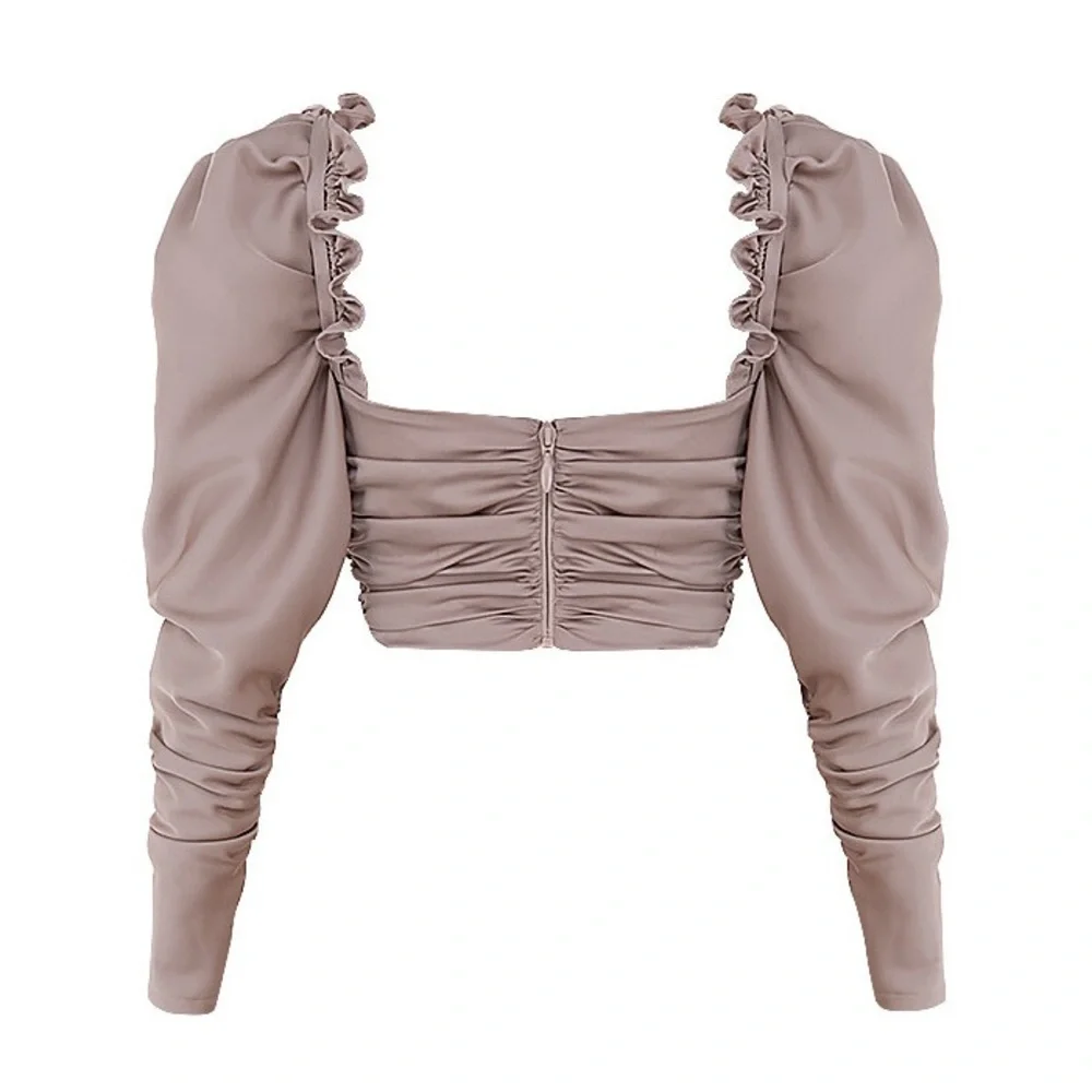 Mistress Rocks NWT 
Light Beige Satin Gathered Crop Top Small - Picture 5 of 8